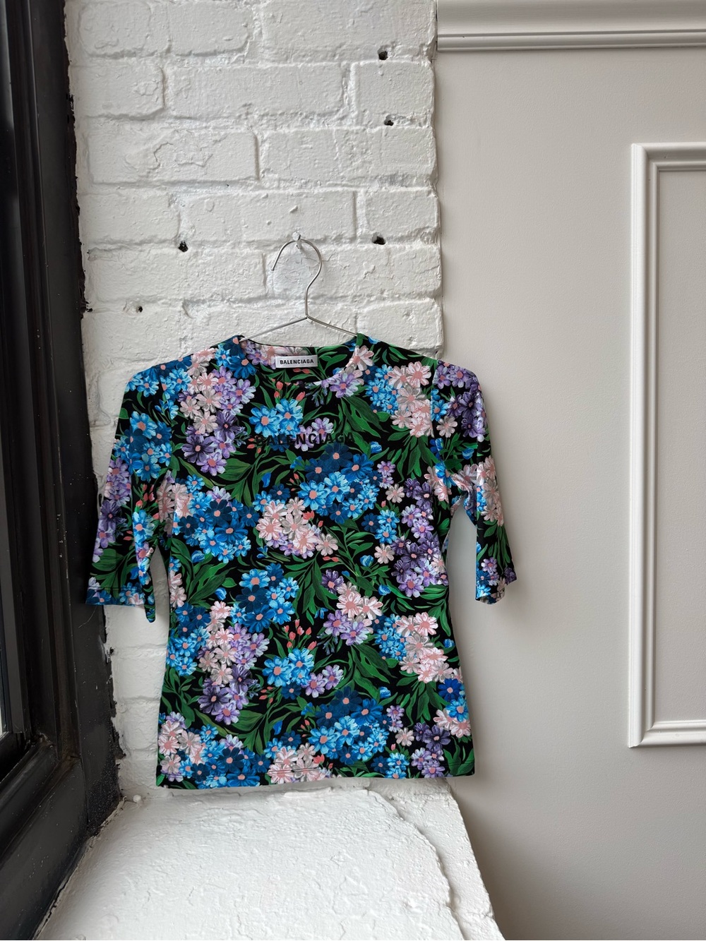 Balenciaga Black Floral Short Sleeve Tee with Blue, Pink & Purple Blooms